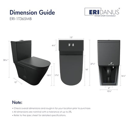 One Piece Toilet Elongated Dual Flush, 17.3" ADA Seat, Matte Black | ADA Compliant 17.3" chair height with soft close seat, Dual flush 1.1/1.6 GPF Elongated toilet bowl 12" rough-in, Matte Black - color: Matte Black 365Model