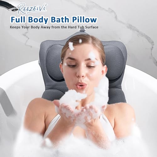REEZEIVI Full Body Bath Pillow,3D Mesh Fabric,Head Neck Back Support,Gray | Thick Bathtub Cushion,with Laundry Bag,easy to clean and quick to air dry,13 Non-Slip Suction Cups