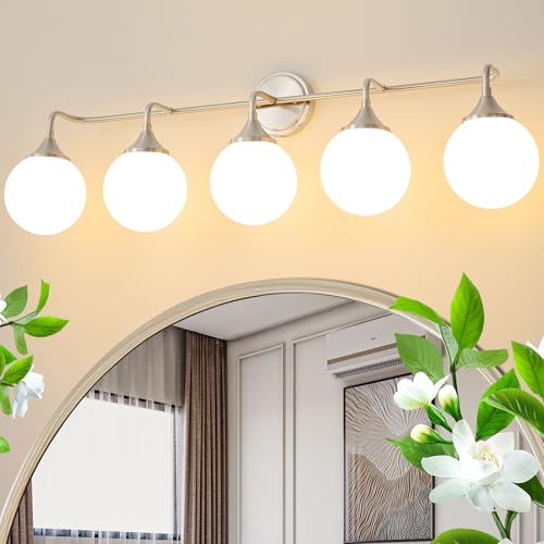 Brushed Nickel Bathroom Light Fixtures Over Mirror Vanity 5-Light | Mid Century Modern Brushed Nicke Wall Sconce with Milky White Glass Ball Shades for for Bathroom Dressing Table Bedroom - color: Brushed Nickel, size: 5-light