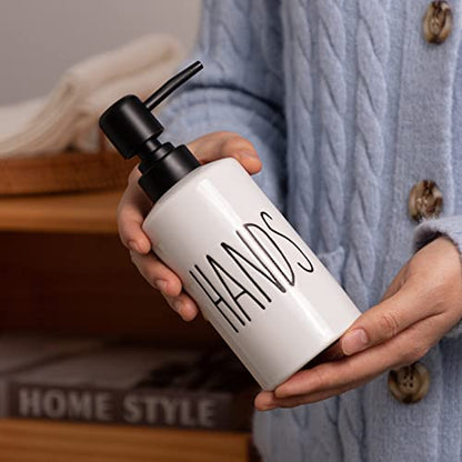 FE Hand Soap Dispenser, 10oz Ceramic Soap Dispenser for Bathroom with Plastic Pump(Hands) - color: White-hands