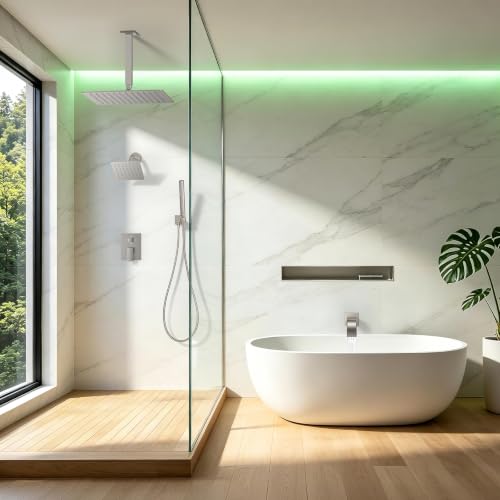 Rain Shower System with Rough-in Valve, Ceiling Mount Shower Faucet Set with 12"&6" Dual Rain Shower Heads, 2-in-1 Handheld Shower, Tub Spout, 4-Function Complete Shower Fixture,Brushed Nickel - color: Brushed Nickel, size: Ceiling Mount-12"+6" head with