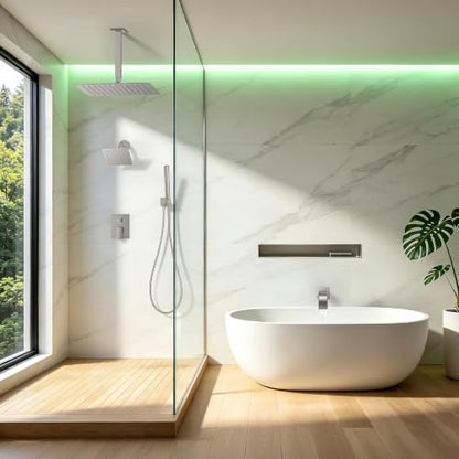 Rain Shower System with Rough-in Valve, Ceiling Mount Shower Faucet Set with 12"&6" Dual Rain Shower Heads, 2-in-1 Handheld Shower, Tub Spout, 4-Function Complete Shower Fixture,Brushed Nickel - color: Brushed Nickel, size: Ceiling Mount-12"+6" head with