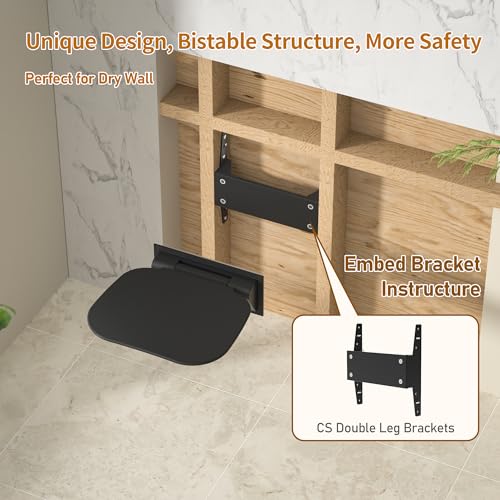 Folding Shower Seat Wall Mounted Shower Chair 15.7" with Embed CS Seat Bracket Bistable Structure Aluminum Base 440lb Load Capacity for Bathroom Remodel, White - size: White