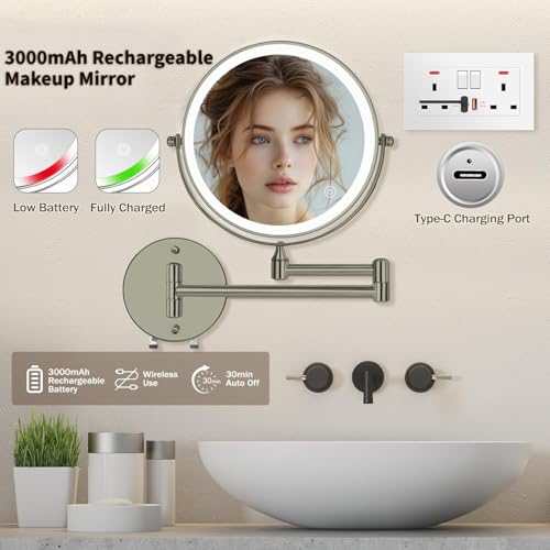 8.5" Wall Mounted Lighted Makeup Mirror, 3000 mAh Rechargeable Double-Sided 1X 10X Magnifying Mirror, 3 Color Lighting, Touch Screen Dimming, Extended Arm 360 Rotation Bathroom Mirro, Brushed Nickel - color: Brushed Nickel Wall-mounted