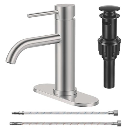 Bathroom Sink 1 Hole Single Handle Lever Faucets Stainless Steel | Pop Up Drain,Deck Plate,Flexible Hoses,1 or 3 Hole,Modern,for Vanity RV Bath Basin Wash Room Restroom Home,Brushed Nickel - color: Brushed Nickel