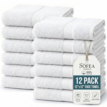 Sofea 100% Cotton Washcloths Set of 12, (12 x 12 Inch) 520 GSM Wash Cloths, Extra Soft Absorbent Quick Dry Face Towels - color: White