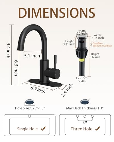 Bathroom Faucets, Bar Sink Faucet Single Hole for Bathroom Kitchen Campers with Pop-Up Drain Hose, Suitable for Farmhouse Vanity Lavatory - color: Matte Black, style: Classic