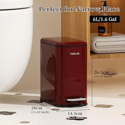 Slim Bathroom Trash Can with Lid, 1.6 Gallon / 6 Liter Stainless Steel Trash Bin, Step Pedal Garbage Cans for Bedroom, Kitchen, Office (Red) - color: Red(Step Pedal), size: 1.6 Gallon (6L)