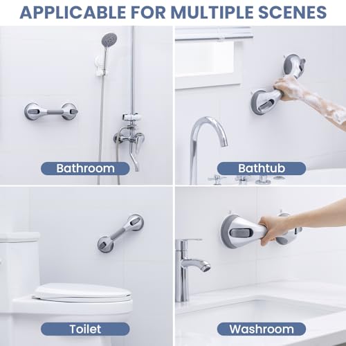 Shower Grab Bar Suction Cup 12 inch, 2 Pack Grab Bars for Bathtubs, Bathroom Safety Grip Shower Handle for Elderly and Seniors, Bath Handrails Removable Waterproof No Drilling Silver