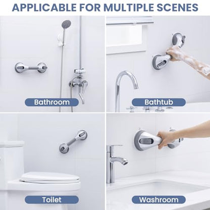 Shower Grab Bar Suction Cup 12 inch, 2 Pack Grab Bars for Bathtubs, Bathroom Safety Grip Shower Handle for Elderly and Seniors, Bath Handrails Removable Waterproof No Drilling Silver