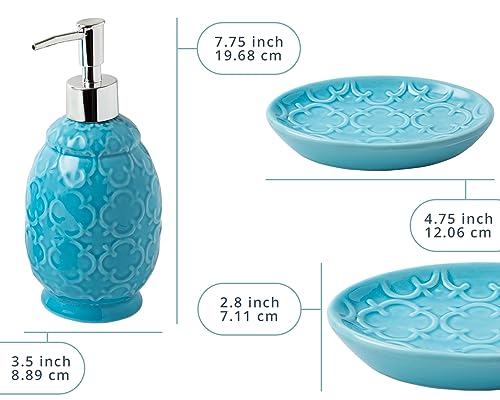 Comfify 4-Piece Bathroom Accessory Set - Ceramic Bath Set with Blue Glossy Finish - Modern Vanity Accessories Including Soap Dish, Tumbler, and Toothbrush Holder | Blue; 4-piece ceramic; Moroccan trellis embossed; dispenser, toothbrush holder, tumbler, so