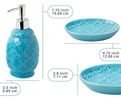 Comfify 4-Piece Bathroom Accessory Set - Ceramic Bath Set with Blue Glossy Finish - Modern Vanity Accessories Including Soap Dish, Tumbler, and Toothbrush Holder | Blue; 4-piece ceramic; Moroccan trellis embossed; dispenser, toothbrush holder, tumbler, so
