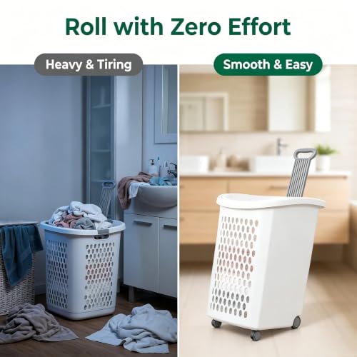 2-Bushel Rolling Plastic Laundry Basket with Wheels & Lid, White | Heavy-duty build, retractable pull handle, ideal for dorm rooms & apartment laundry storage