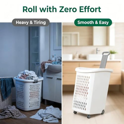 2-Bushel Rolling Plastic Laundry Basket with Wheels & Lid, White | Heavy-duty build, retractable pull handle, ideal for dorm rooms & apartment laundry storage