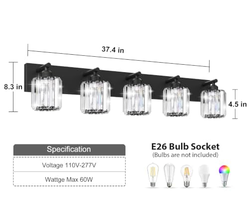 Black Crystal Bathroom Vanity Light, 5-Light Modern Bathroom Lighting Fixtures Over Mirror, Matte Black Wall Sconce Light Fixtures with Round Shade - color: Black-Round Shade, size: 5-LIGHT