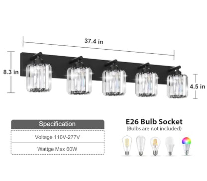 Black Crystal Bathroom Vanity Light, 5-Light Modern Bathroom Lighting Fixtures Over Mirror, Matte Black Wall Sconce Light Fixtures with Round Shade - color: Black-Round Shade, size: 5-LIGHT