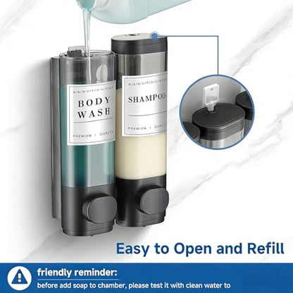 Shampoo and Conditioner Dispenser Bathroom Shower Soap Dispenser Wall Mounted Shampoo Dispenser for Shower Wall No Drill 2 * 300ml Black 2 Chamber with Waterproof Labels - color: Black 2