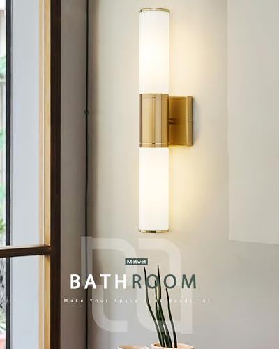 2-Pack Brushed Gold Bathroom Vanity Light Fixtures, Milk Glass Shade | 2-light modern bathroom wall sconces, vertical or horizontal mount,E26 base, hardwired, bulbs not included, VL834-BG-ML-2PK - color: Brushed Gold-Milk Glass, 2-Pack