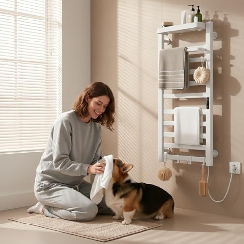 Wall Mounted Heated Towel Rack, 10-Bar Electric Towel Warmer with Timer & Adjustable Temperature, Fast Heating Towel Warmer for Bathroom, Space Aluminum, Rust-Resistant (White, 10bar)