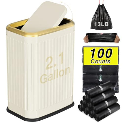 Bathroom Trash Can with Lid 8L/2.1 Gallon Beige Trash Can Small Garbage Can with Swing Top Lid Slim Stainless Steel Garbage Can with 100 Counts Trash Bags for Bathroom Bedroom Kitchen Office Toilet - color: Beige Stripe, size: Swing-Lid Trash Can