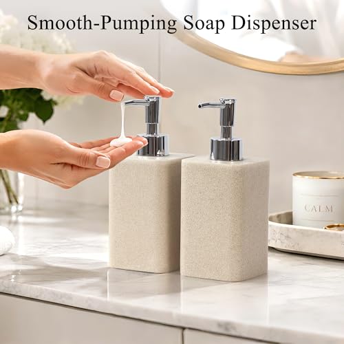 2 pcs Hand Soap Dispenser Set - 11oz Refillable Resin Liquid Soap Dispensers with Rustproof Pump, Lotion Dispenser Includes Silicone Funnel for Bathroom Countertop or Kitchen, Beige - color: Beige