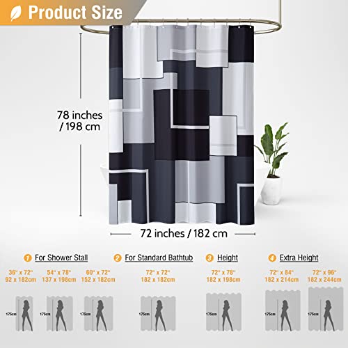 72x78 Long Modern Geometric Waterproof Fabric Shower Curtain, Black | Tall Size, Premium Polyester, Weighted Hem, 12 Plastic Hook, Vibrant Color, Wrinkle-resistant, Quick-Dry, Machine Washable - color: Black, size: 72"W x 78"L (Pack of 1)