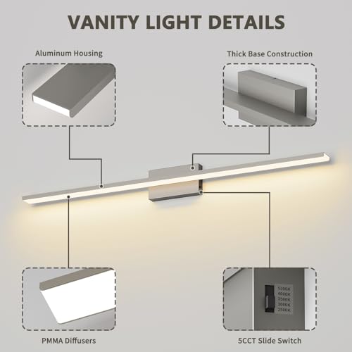 JUSHENG Brushed Nickel Modern LED Vanity Lights for Bathroom Light Fixtures, 47.24 Inch 42W 5CCT Dimmable Vanity Light Bar Bathroom Lighting - color: Brushed Nickel-5CCT, size: 47.24'' Long-Dimmable