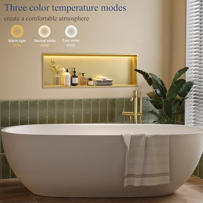 36"x12" Gold LED Shower Niche,3 CCT Dimmable Light, No Tile Needed | 304 Stainless Steel Bathroom Niche w/ Light(3000K/4000K/6000K), IP66 Waterproof, Space Saving & Durable ,LED Driver Included - color: Brass Gold, size: 36X12In