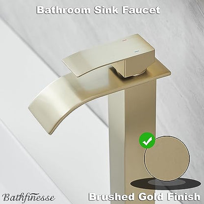 Vessel Sink Faucet Brushed Gold Waterfall Bathroom Faucet with Pop Up Drain | Stainless Steel,Single Handle One Hole Deck Mount,Bowl Vanity Sink Faucet,with 3/8" Supply Hose,Lead-Free by Bathfinesse - color: Brushed Gold