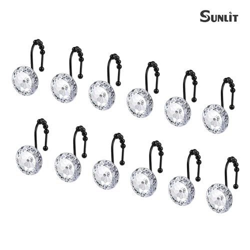 Sunlit Luxury Design Round Clear Diamond Crystal Gem Bling with Glide Balls Shower Curtain Hooks with Black Hooks, Rust Proof Metal Rhinestones Glam Shower Curtain Rings, Set of 12 - color: Clear With Black Hooks