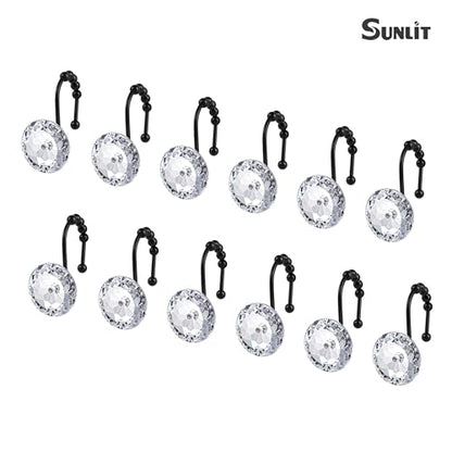 Sunlit Luxury Design Round Clear Diamond Crystal Gem Bling with Glide Balls Shower Curtain Hooks with Black Hooks, Rust Proof Metal Rhinestones Glam Shower Curtain Rings, Set of 12 - color: Clear With Black Hooks