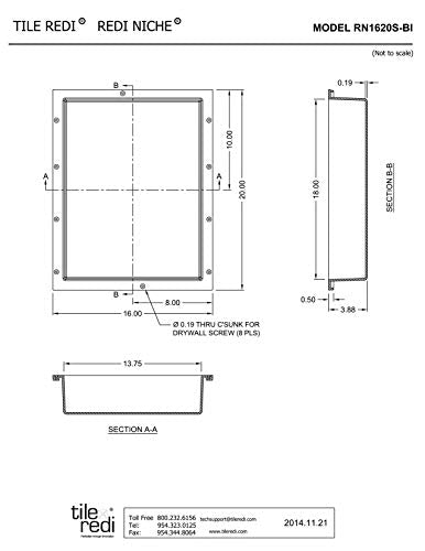 Tile Redi USA RN1620S-BI Redi Niche Single Recessed Shower Shelf, One Inner Shelf, 20" H x 16" W, Black - size: 20" H x 16" W (1 Shelf)