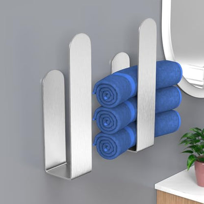 HUFEEOH 2 Pack Adhesive Hand Towel Holder, Sticky Towel Bar Towel Holder Wall Mounted, Stainless Steel Kitchen Towel Holder Hand Towel Rack for Bahtroom Hotel RV Kitchen (Silver) - color: Silver, size: 8 Inch (2PC)