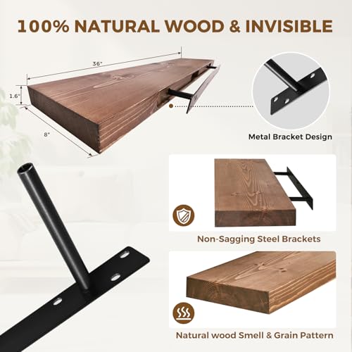 Solid Wood Floating Shelves, 36 Inch Wall Shelves, Set of 2, Brown | 8 Inch Deep, 1.6 Inch Thick, Extra-Wide Display Space, Mounting Hardware Included, For Kitchen, Bathroom and Living Room - color: Brown, size: 36x8x1.6
