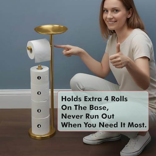 Freestanding Toilet Paper Holder with Shelf, Gold Toilet Paper Stand with Storage Tray and Space for 4 Extra Rolls - color: Gold