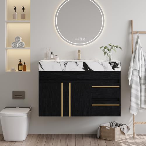 36" Floating Bathroom Vanity with Ceramic Sink and Faux Marble Top, Wall-Mounted Storage Cabinet with with 2 Drawers and 2 Door, Undermount Single Sink, White+Black - color: White+black
