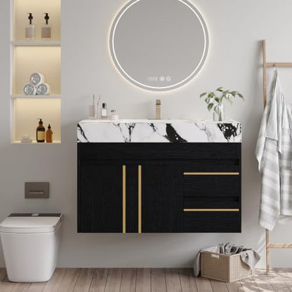 36" Floating Bathroom Vanity with Ceramic Sink and Faux Marble Top, Wall-Mounted Storage Cabinet with with 2 Drawers and 2 Door, Undermount Single Sink, White+Black - color: White+black