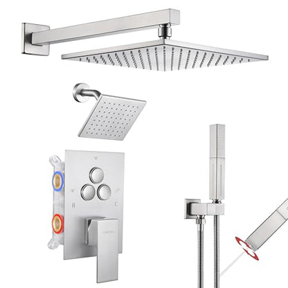 VANFOXLE Shower Faucet Set Brushed Nickel Shower System,Modern | Push Button Diverter,10 Inch Wall Mount Rain Head Increased Thick, 6 Inch Side Head, 2-in-1 Handheld Sprayer - color: Brushed Nickel