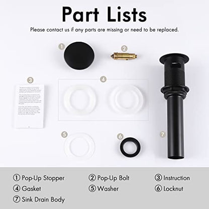 KES Bathroom Sink Drain with Overflow, Pop Up Drain Sink Stopper Matte Black, All Metal Brass and SUS304 Stainless Steel, S2008S62A-BK - color: Matte Black, style: With Overflow (Normal Cap)