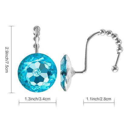 Sunlit Luxury Design Round Aqua Blue Diamond Crystal Gem Bling with Glide Balls Shower Curtain Hooks, Rust Proof Metal Rhinestones Glam Shower Curtain Rings-12 Pack - color: Aqua Blue