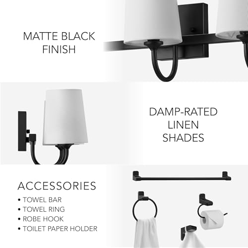 Globe Electric 63000206 5-Piece All-in-One Bathroom Set, 3-Light Vanity Light, Matte Black, Linen Shades, Towel Bar, Robe Hook, Toilet Paper Holder, Towel Ring, Bathroom Lights Over Mirror - color: Matte Black, Linen