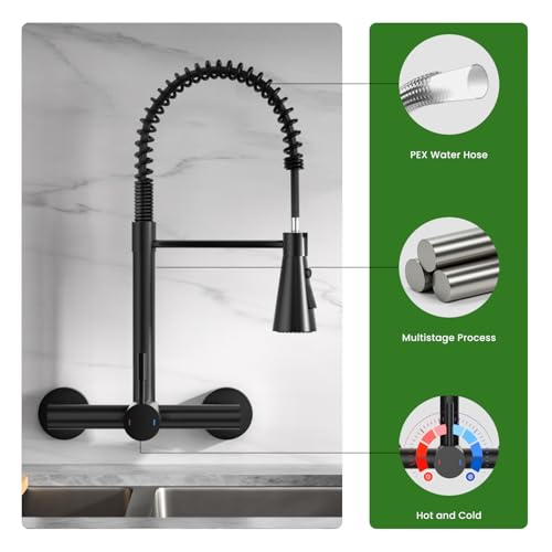 Matte Black Wall Mount Kitchen Faucet Single Handles, 8 Inch Center Wall Commercial Utility Sink Faucet with Pull Out Sprayer 3 Modes - color: Wall Mount-Matte Black, style: Wall Mount
