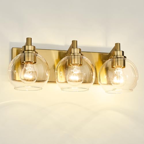 Bathroom Light Fixtures, 3-Light Brushed Gold Vanity Light, Modern Wall Sconces with Clear Glass Globe Shade, Bathroom Wall Lights for Mirror Kitchen Bedroom Hallway Living Room, VL195-GD-3 | 18" modern bathroom light fixtures over mirror, E26 base, bulbs
