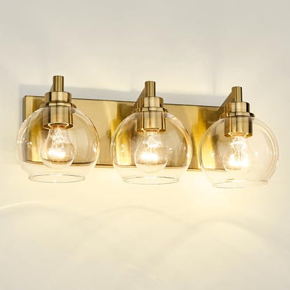 Bathroom Light Fixtures, 3-Light Brushed Gold Vanity Light, Modern Wall Sconces with Clear Glass Globe Shade, Bathroom Wall Lights for Mirror Kitchen Bedroom Hallway Living Room, VL195-GD-3 | 18" modern bathroom light fixtures over mirror, E26 base, bulbs