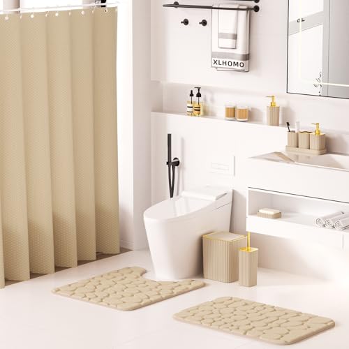 XLHOMO Bathroom Accessories Set - 25PC Bathroom Sets with Shower Curtain and Rugs, Beige Bathroom Accessories with Trash Can, Soap Dispenser, Soap Dish & Toilet Brush - size: Bath Set+Shower Curtain+Rugs, style: Beige&Gold