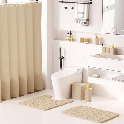 XLHOMO Bathroom Accessories Set - 25PC Bathroom Sets with Shower Curtain and Rugs, Beige Bathroom Accessories with Trash Can, Soap Dispenser, Soap Dish & Toilet Brush - size: Bath Set+Shower Curtain+Rugs, style: Beige&Gold
