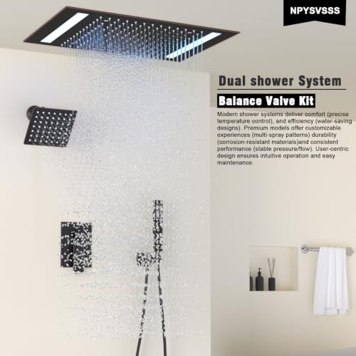 Rain Shower Head System with 14x20 Inch Ceiling Mount LED Head & 6 Inch Wall Head and Handheld Shower 3 Way Pressure Balance Valve Kit, Oil Rubbed Bronz - color: Oil Rubbed Bronz, style: 14x20 inch+6inch