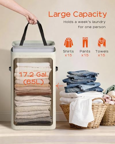 CASAMAYA Laundry Basket with Lid, Slim Laundry Hamper, 65L collapsible Laundry Organizer, Easy Assembly, with Handles and Removable Liners, 15.4 x 8.7 x 29.5 Inches, Beige JSP901M - color: Beige, size: 65L(1-Section)