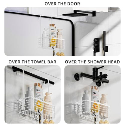 SHANSHUI Shower Caddy Hanging Bathroom Organizer Basket, Shampoo Bracket, Over Door Showers Caddy with Hooks, 304 Stainless Steel Rust Proof Rack- White - size: 10.98"D x 4.7"W x 13.6"H