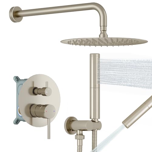 BESy Shower System with 10 Inch Round Rain Shower Head and Handheld Wall Mounted, High Pressure Rainfall Shower Faucet Fixture Combo Set with 2 in 1 Handheld Showerhead for Bathroom, Nickel - color: Nickel
